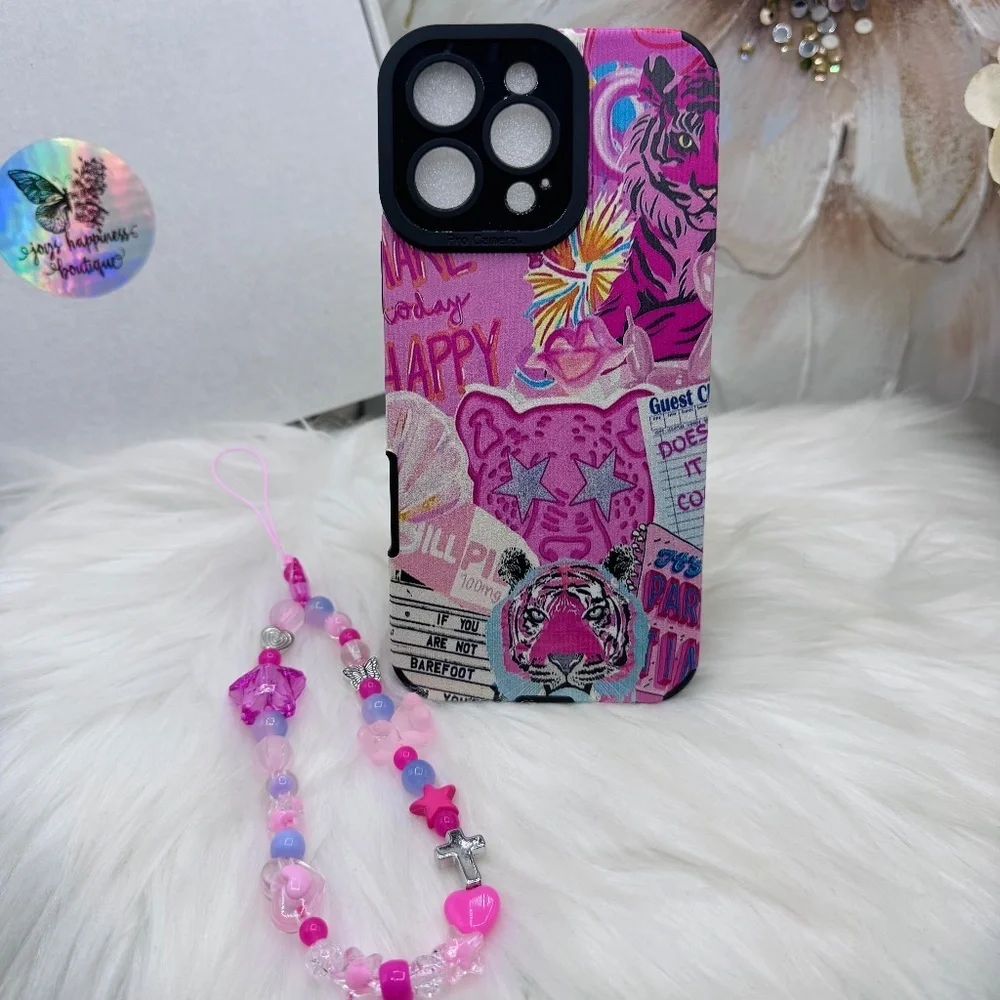 Vibrant Pink Tiger Graphic Themed iPhone 16 Pro Max Case with pink Beaded Strap